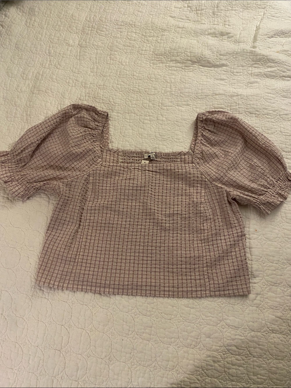 Madewell Lavender Gingham Square-Neck Puff Sleeve Top